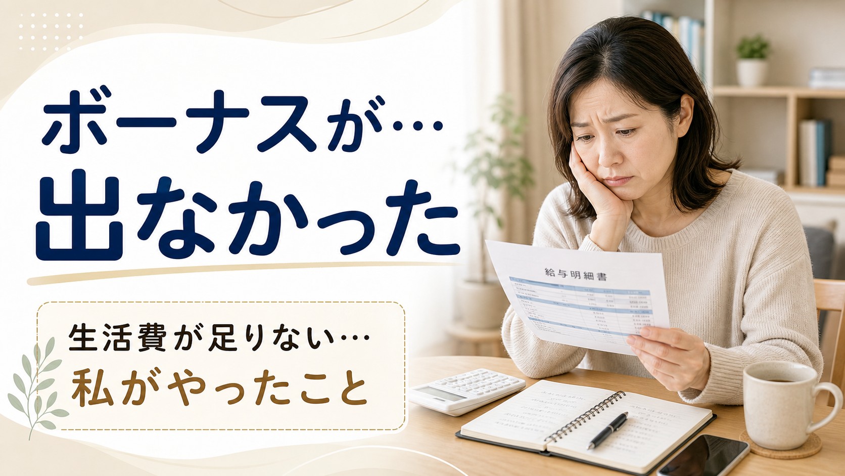 自宅のテーブルで給与明細と家計簿を見ながらボーナスが出ず生活費に悩む人物のイメージ