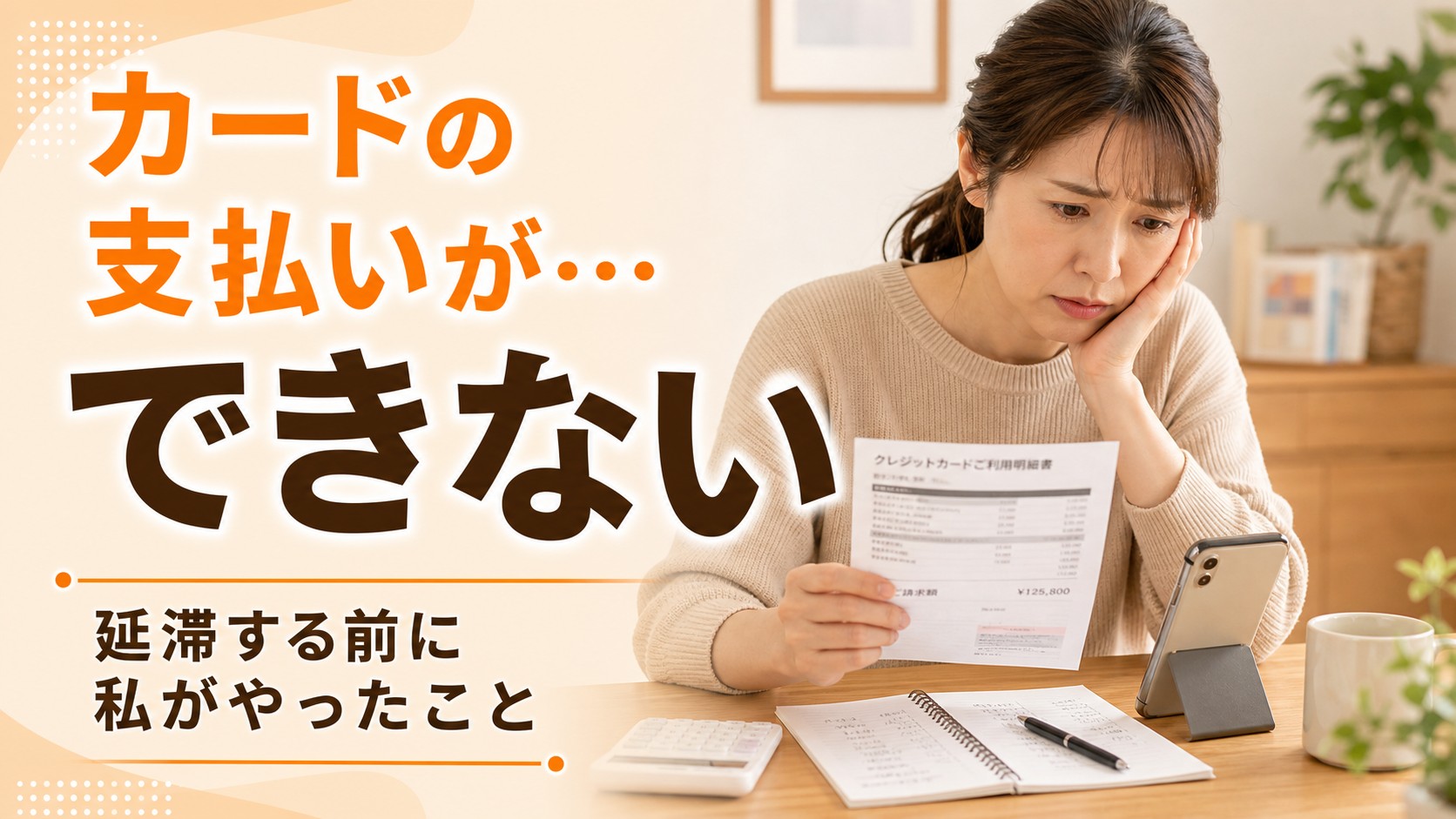 自宅のテーブルでクレジットカードの請求書とスマートフォンを見ながら支払いについて悩む人物のイメージ