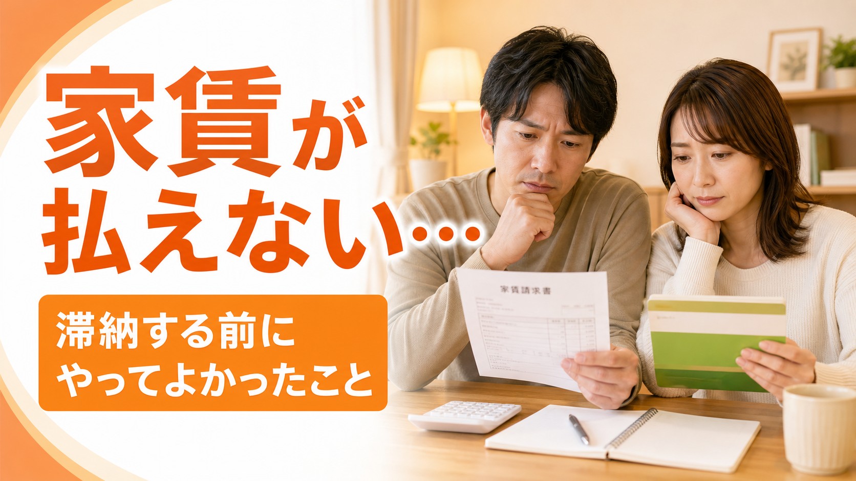 自宅で家賃の請求書と通帳を見ながら支払いについて悩む男女のイメージ