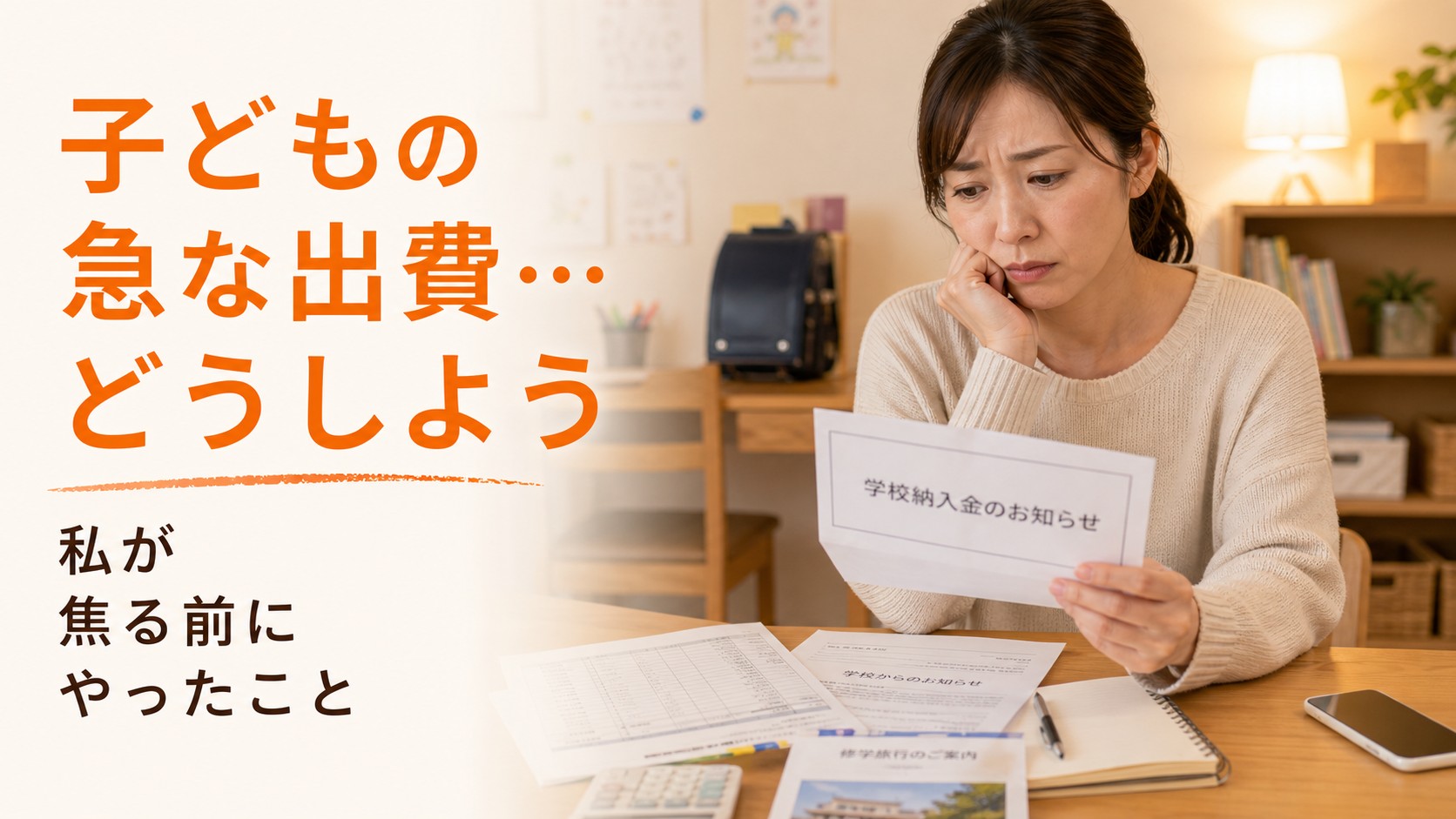 自宅で学校の集金袋や請求書を見ながら子どもの急な出費について悩む親のイメージ