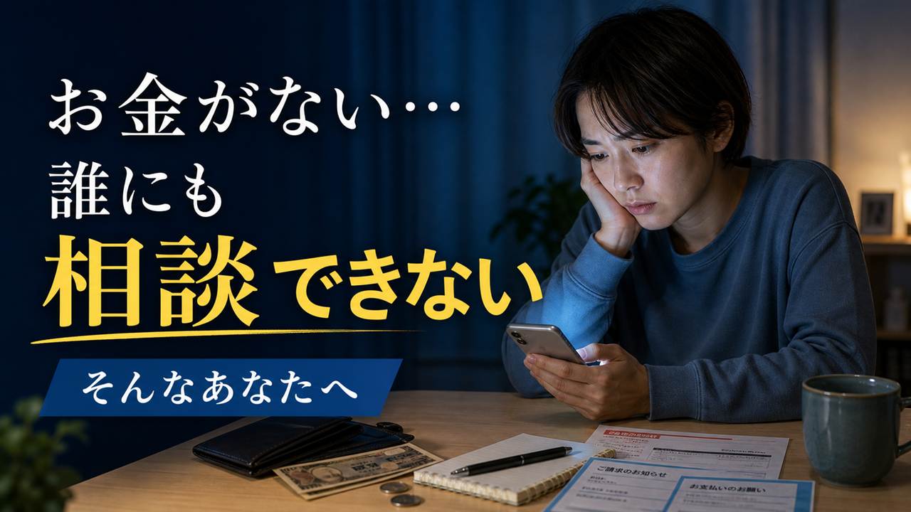 夜の部屋でスマートフォンを見ながらお金の不安を抱える女性