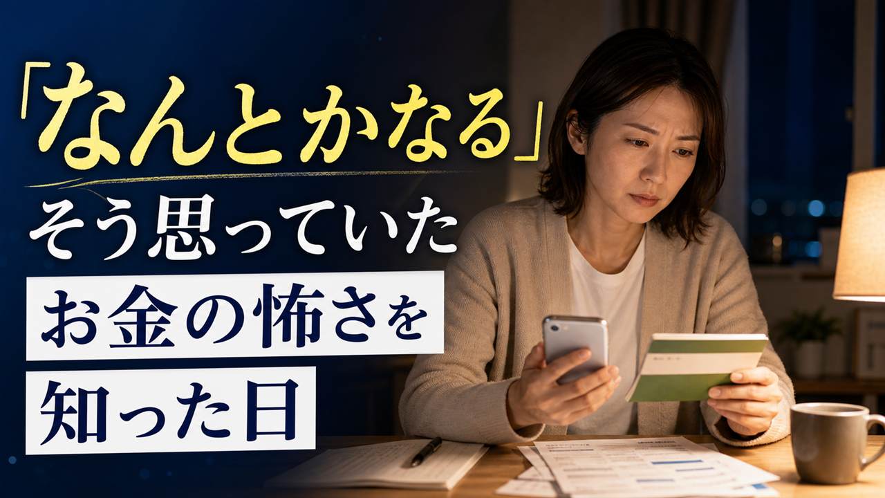 夜の部屋で通帳とスマホを見ながらお金の問題に向き合う人のイメージ