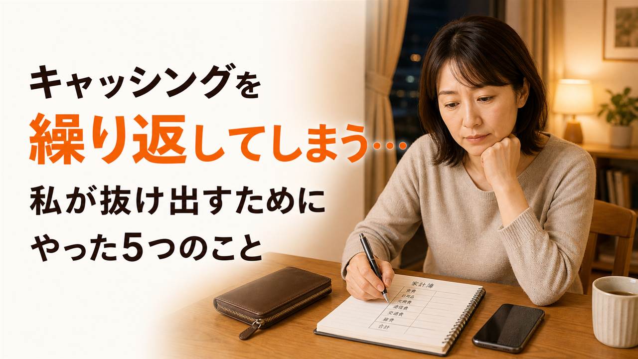 夜の部屋で家計簿と財布を確認し、キャッシングの繰り返しを見直す女性のイメージ