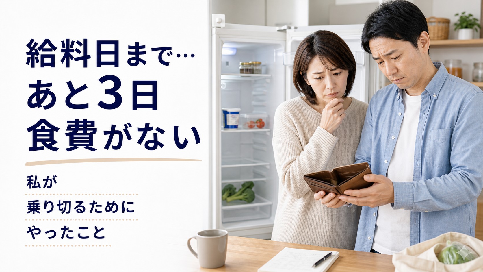 給料日前に食費が足りず冷蔵庫と財布を見ながら悩む人のイメージ