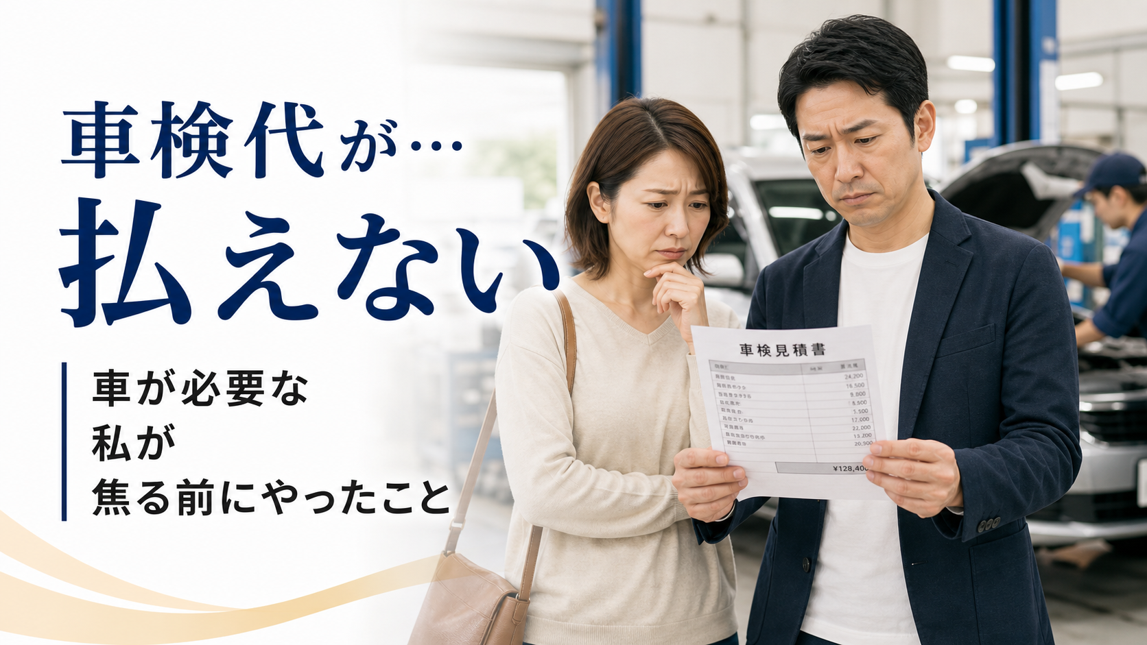 整備工場で車検の見積書を見て悩む人のイメージ