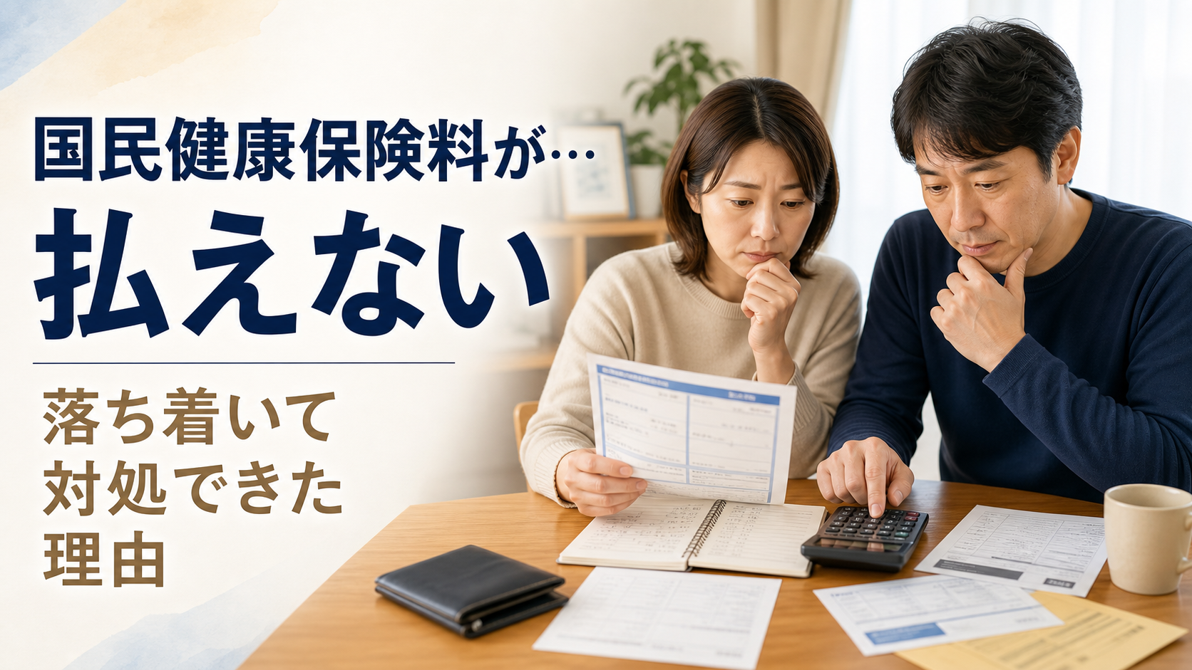 自宅で国民健康保険料の納付書と家計簿を確認しながら支払いを整理する日本人男女