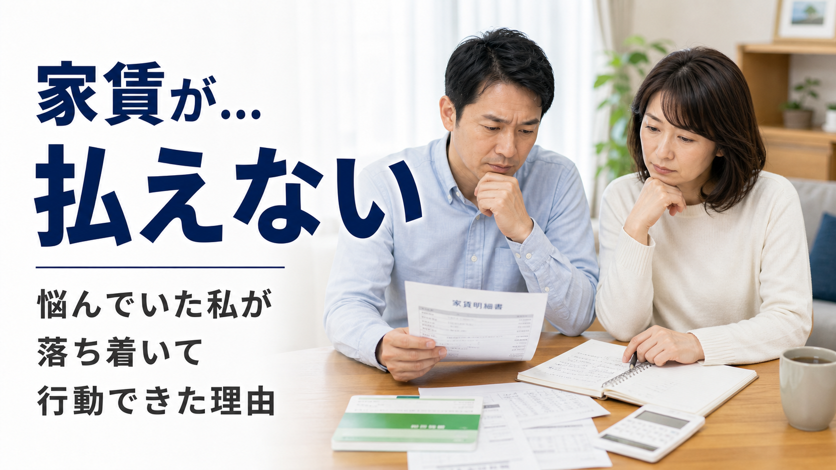 自宅で家賃の請求書と家計簿を見ながら支払いについて悩む日本人男女のイメージ