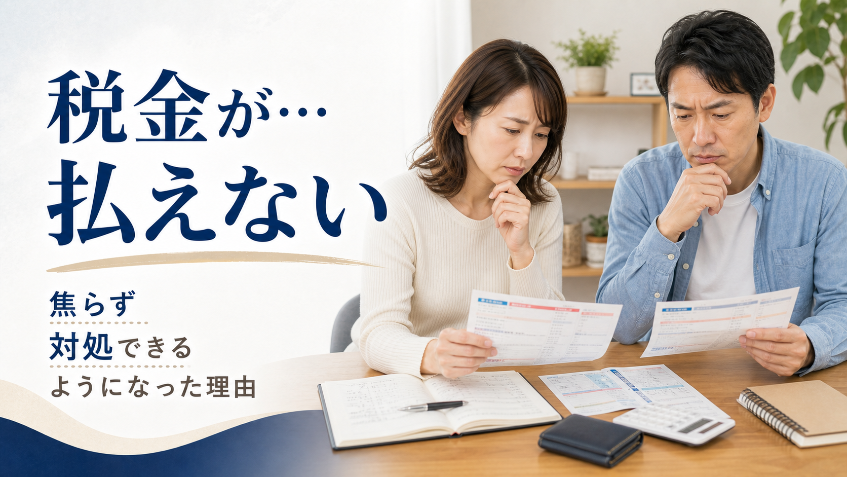 自宅で税金の納付書と家計簿を見ながら支払いについて悩む日本人男女