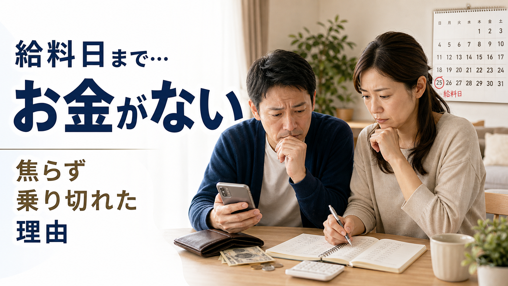 給料日までお金が足りず財布と家計簿を見ながら生活費を整理する日本人男女