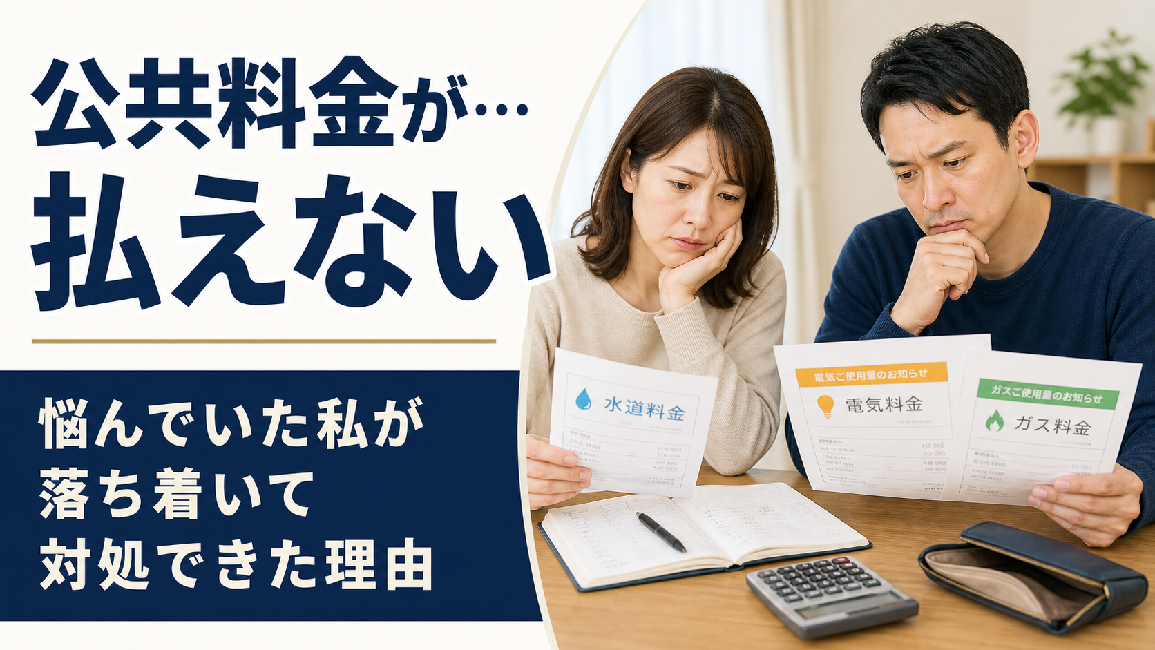 電気・ガス・水道の請求書と家計簿を見ながら悩む日本人男女のイメージ