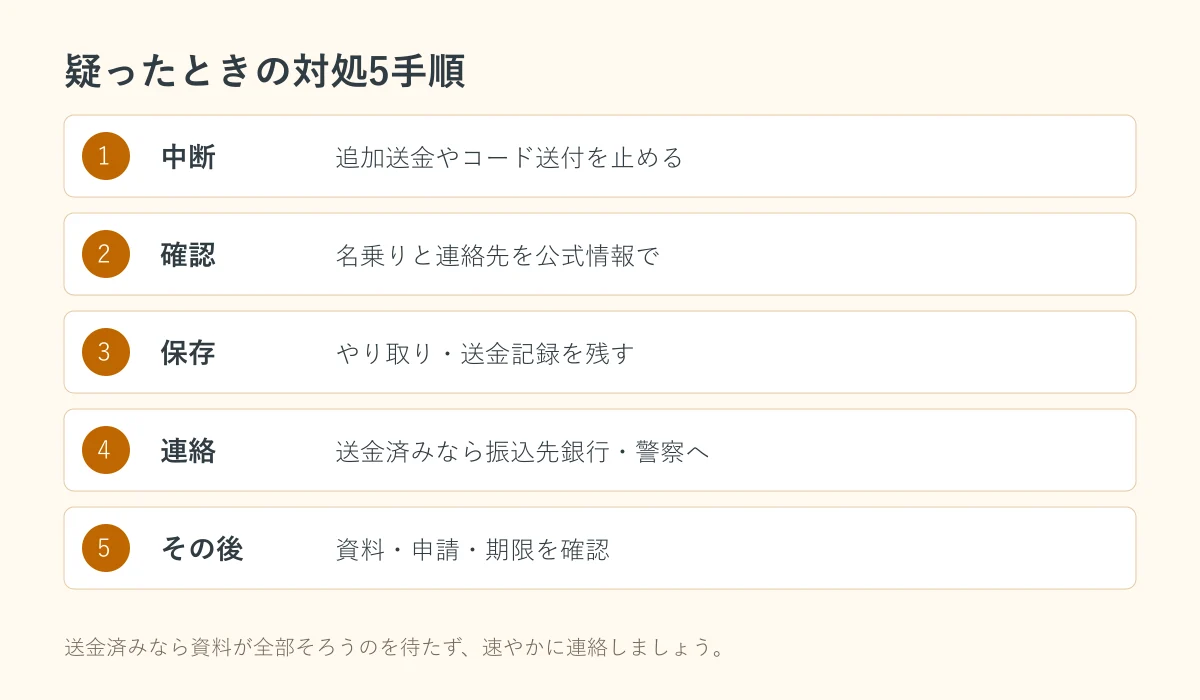 融資保証金詐欺が疑われるときの中断・確認・保存・連絡・その後の5手順