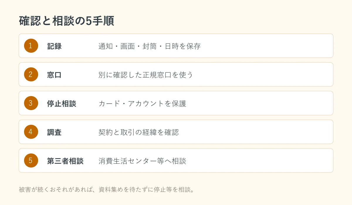 身に覚えのない借入を確認するときの記録・窓口・停止相談・調査・第三者相談の5手順